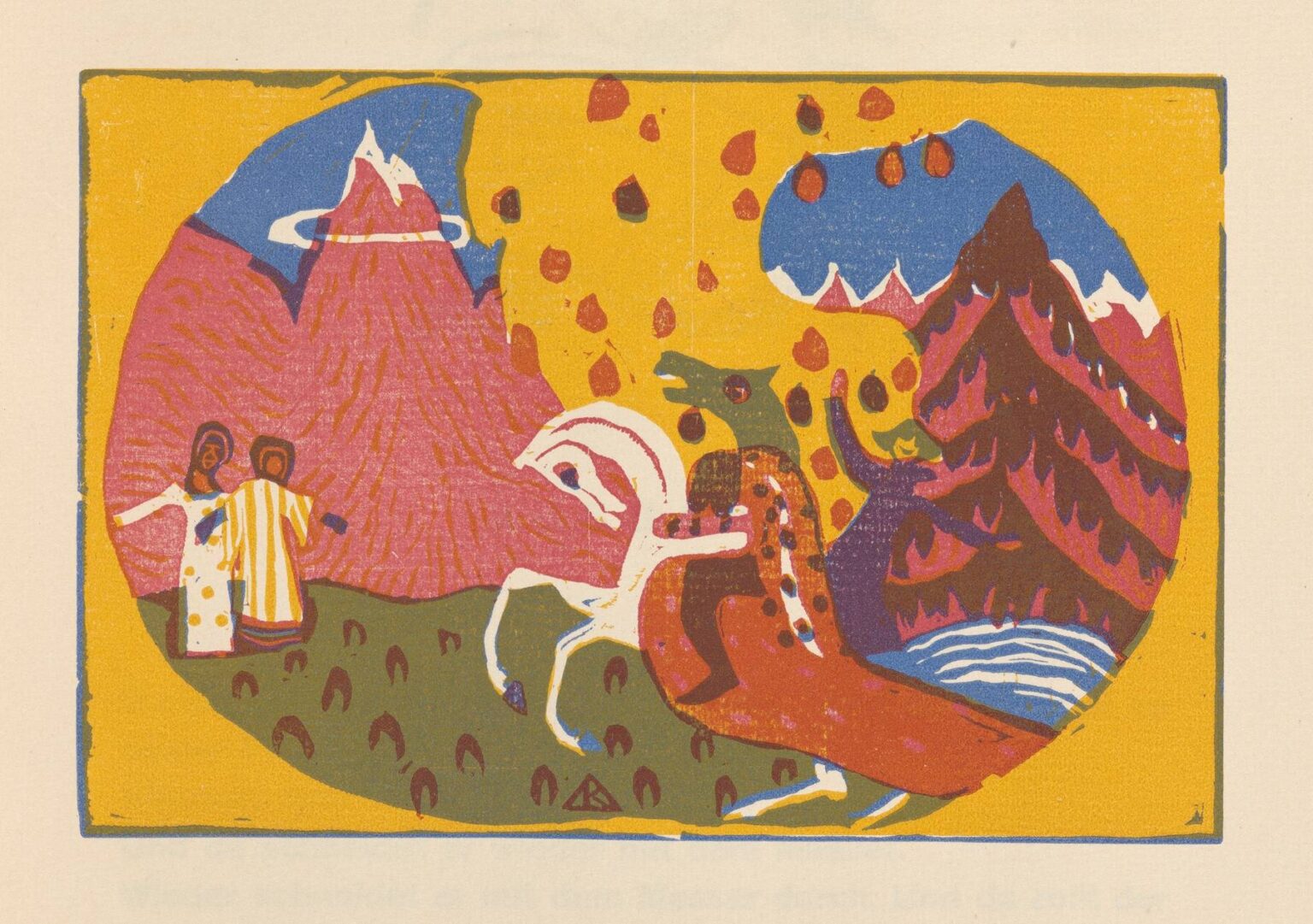 Color lithograph of an oval scene on a golden-yellow field featuring a pink mountain with a white ring, two stylized figures, a prancing white horse, a spotted reclining creature, scattered horseshoe-like marks, a dark evergreen, and falling red teardrops, evoking a musical abstraction in Kandinsky’s Klänge Pl.05.