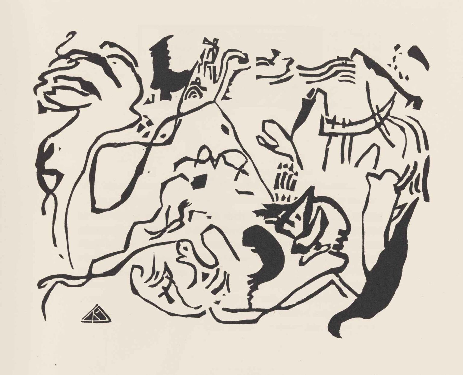 Black lithographic print on pale ground featuring calligraphic curves, fragmented triangles, dotted accents, and rhythmic hatchings arranged in dynamic asymmetry, evoking musical counterpoint and spiritual depth in Kandinsky’s Klänge Pl.06.