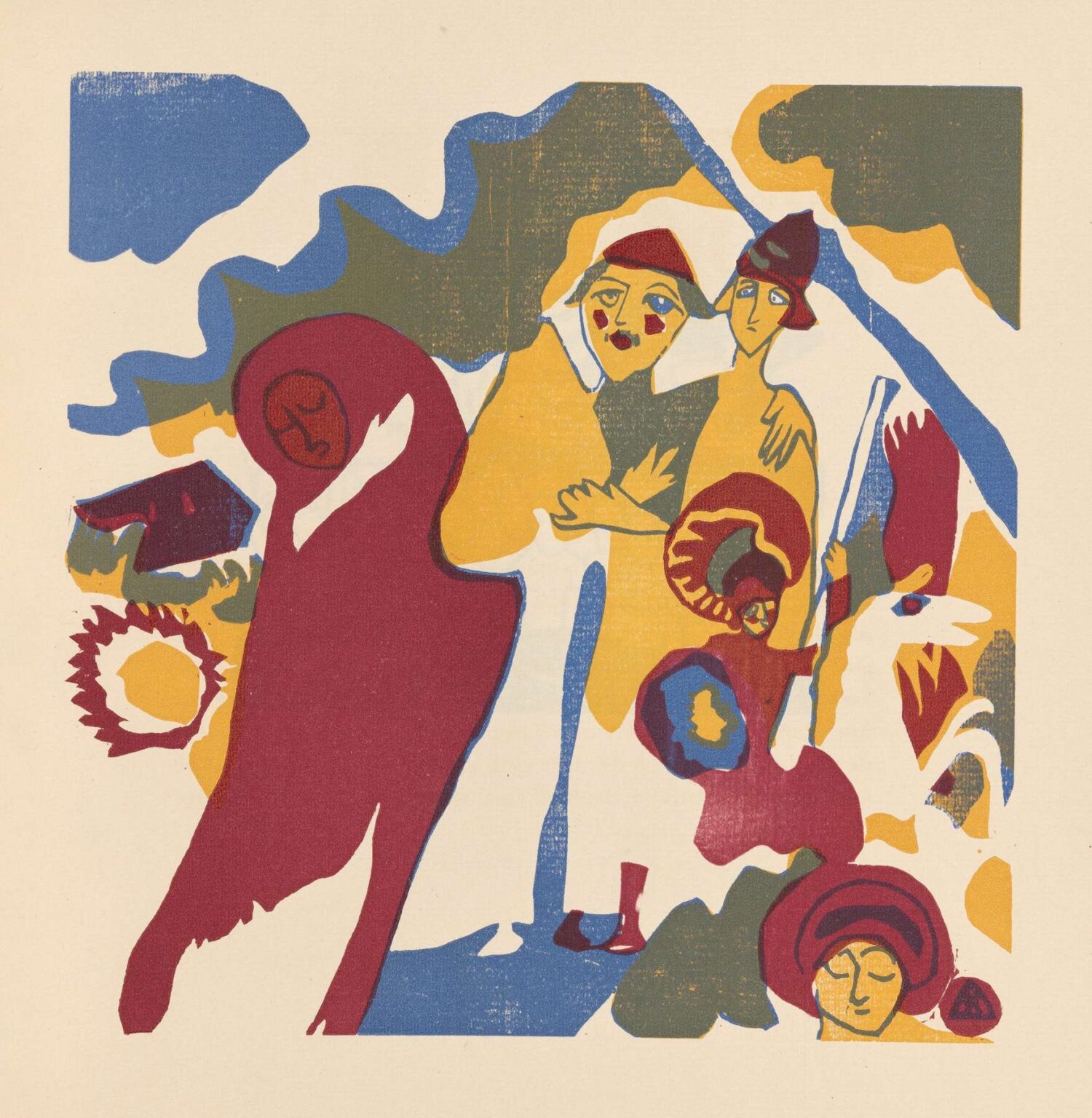 Abstract lithograph featuring overlapping crimson, blue, ochre, and green shapes—curves, jagged shards, and fluid lines—set against a pale ground, evoking musical rhythms and dynamic spatial tension in Kandinsky’s Klänge Pl.07.