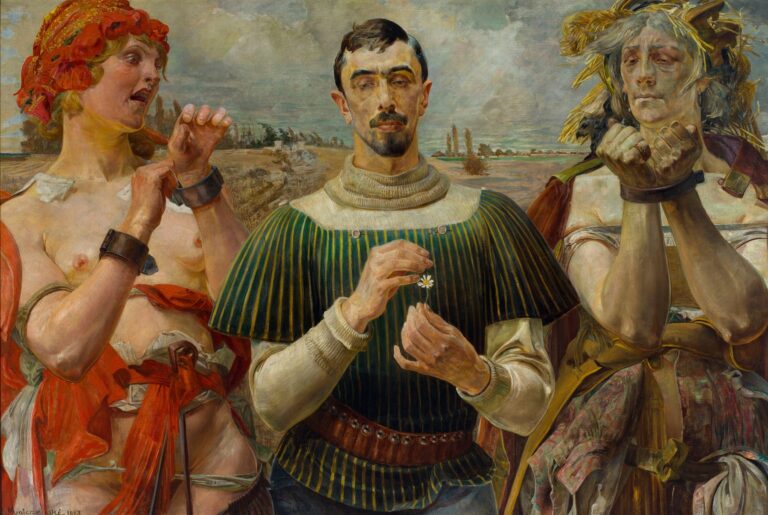 Oil painting by Jacek Malczewski depicting Aleksander Wielopolski plucking a chamomile, standing between two shackled female figures against a windswept field, symbolizing Poland’s suffering and hope.