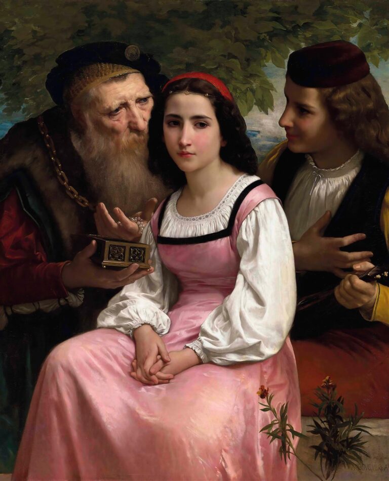 In Bouguereau’s “Between Wealth and Love” (1869), a young woman in a pink dress sits under leafy shade with her hands clasped as an elderly man offers pearls and a musician leans in with a lyre, symbolizing her choice between material riches and romantic devotion.