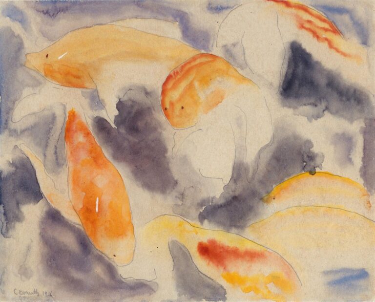 Watercolor and pencil depiction of six koi‑like fish in shades of orange and gold, swimming in a swirling, gray‑violet wash that suggests moving water.