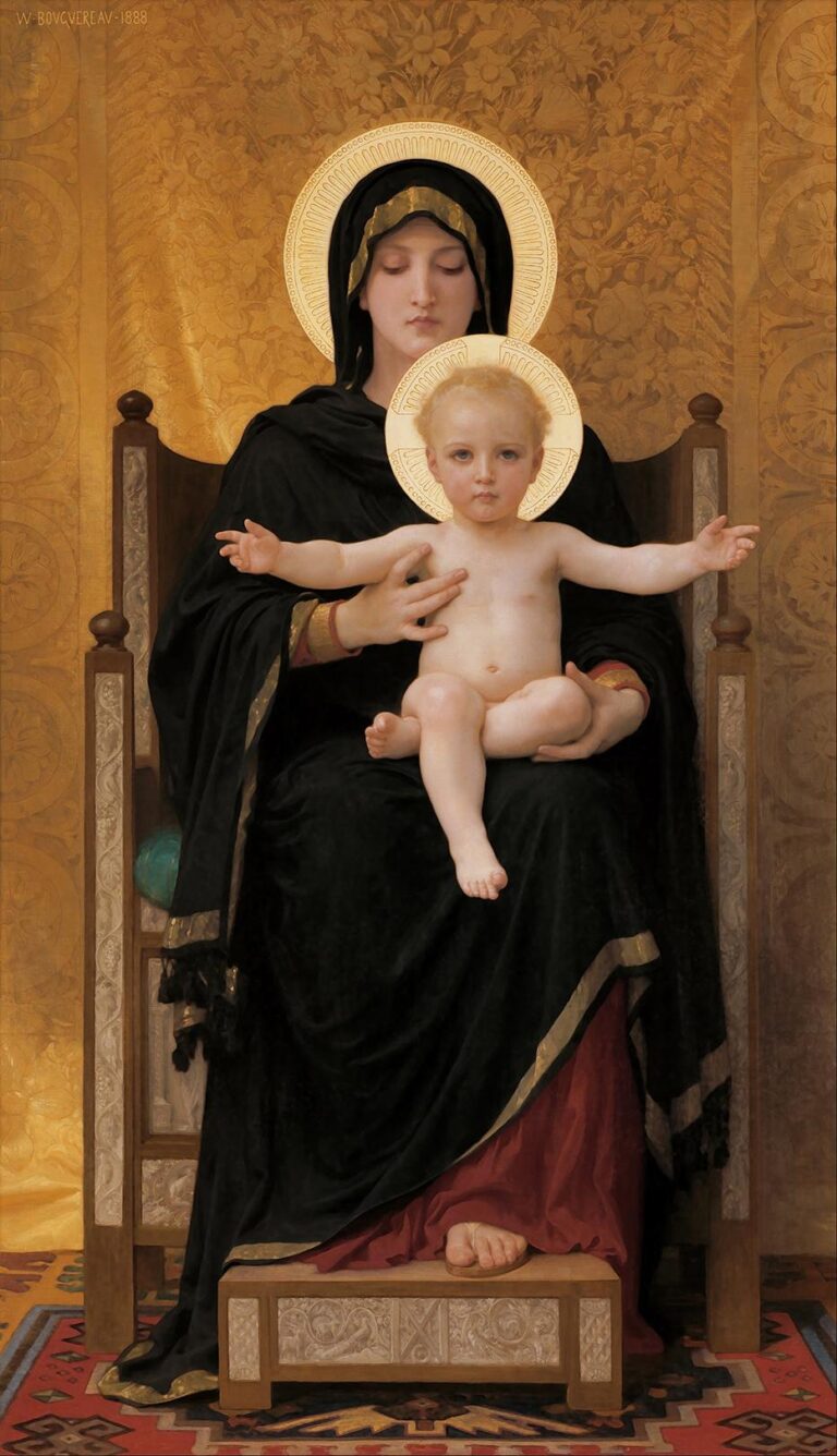 William Bouguereau’s 1888 oil painting “Virgin and Child” depicts the serene Madonna in dark robes seated on a carved wooden throne, holding the Christ child with halos against a golden tapestry backdrop.