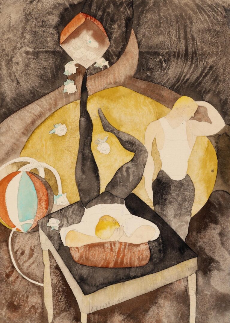 A watercolor by Charles Demuth showing two acrobat‑jugglers on a simple stage with a large circular backdrop—one balancing a juggling club aloft, the other inverted—rendered in muted browns and golds.