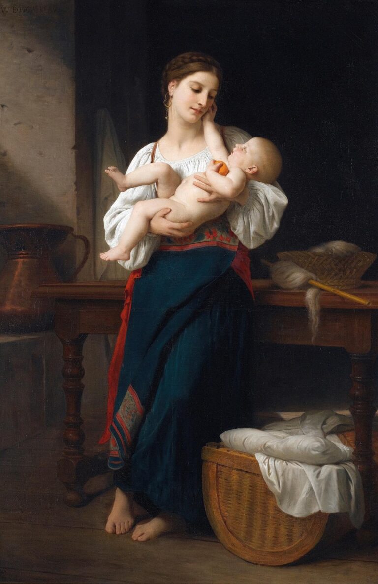 Oil painting of a young mother in a white blouse and dark skirt cradling her naked infant against her chest, their tender touch and shared gaze illuminated by soft, diffused light, with a wicker basket and folded linens on a wooden table behind them.