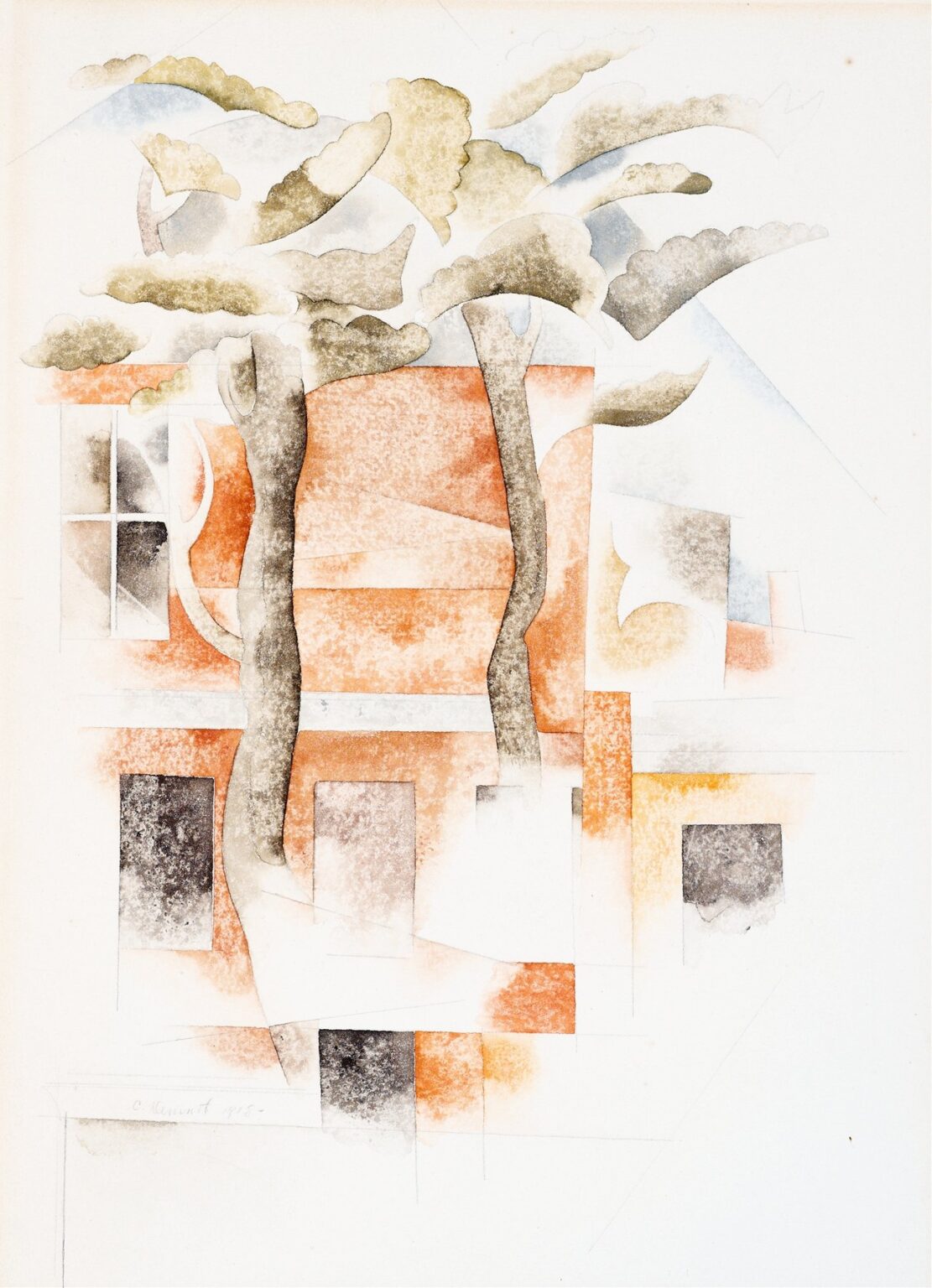 watercolor and pencil composition of coral‑toned houses and twisting tree trunks rendered as overlapping geometric planes and airy color washes.