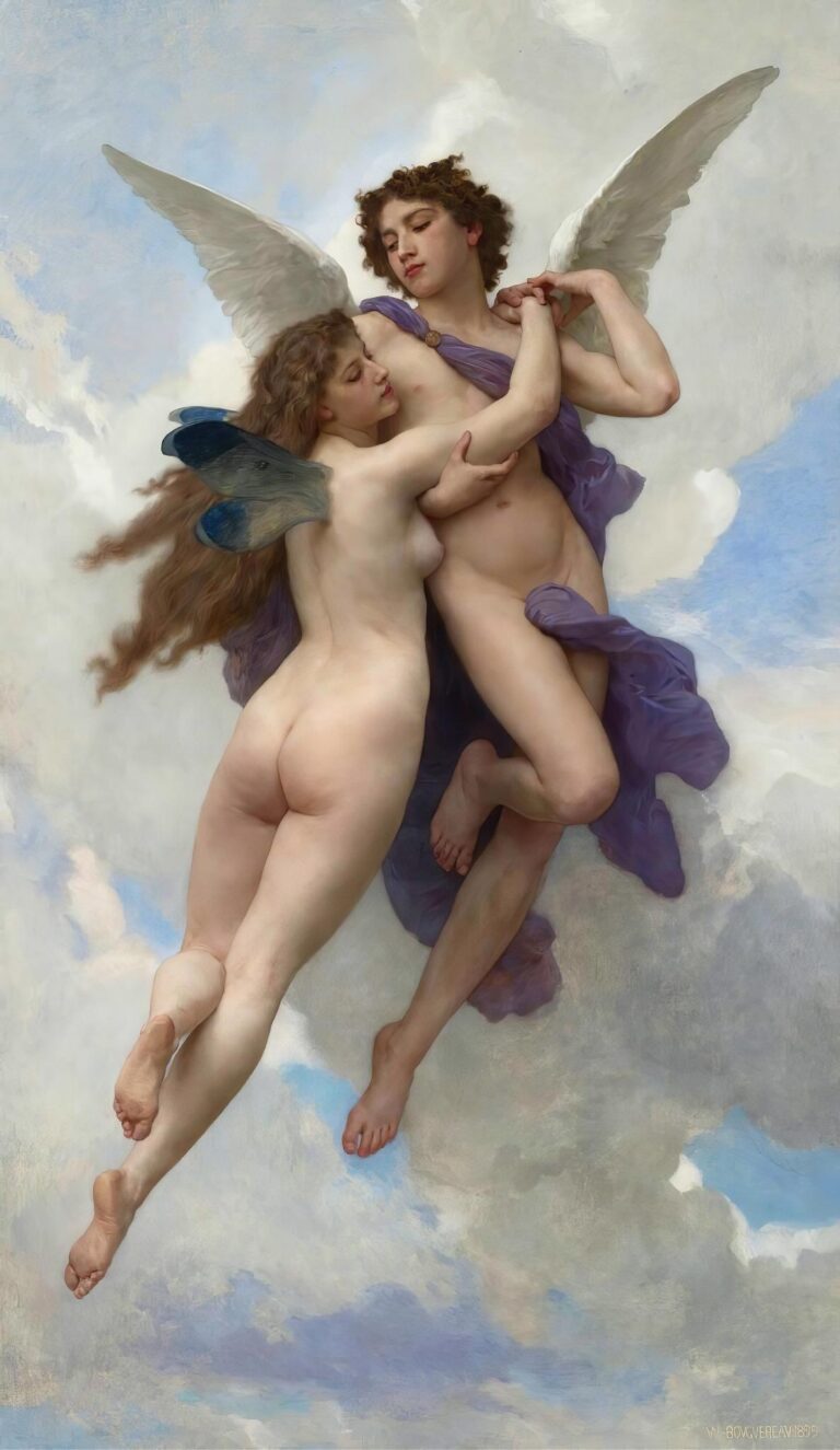 Bouguereau’s 1899 oil painting “Love and Psyché” depicts the nude winged figures of Eros and Psyche embracing mid-air against a backdrop of soft clouds, with Psyche’s translucent wings and Eros’s purple drapery highlighting their ascent toward the sky.