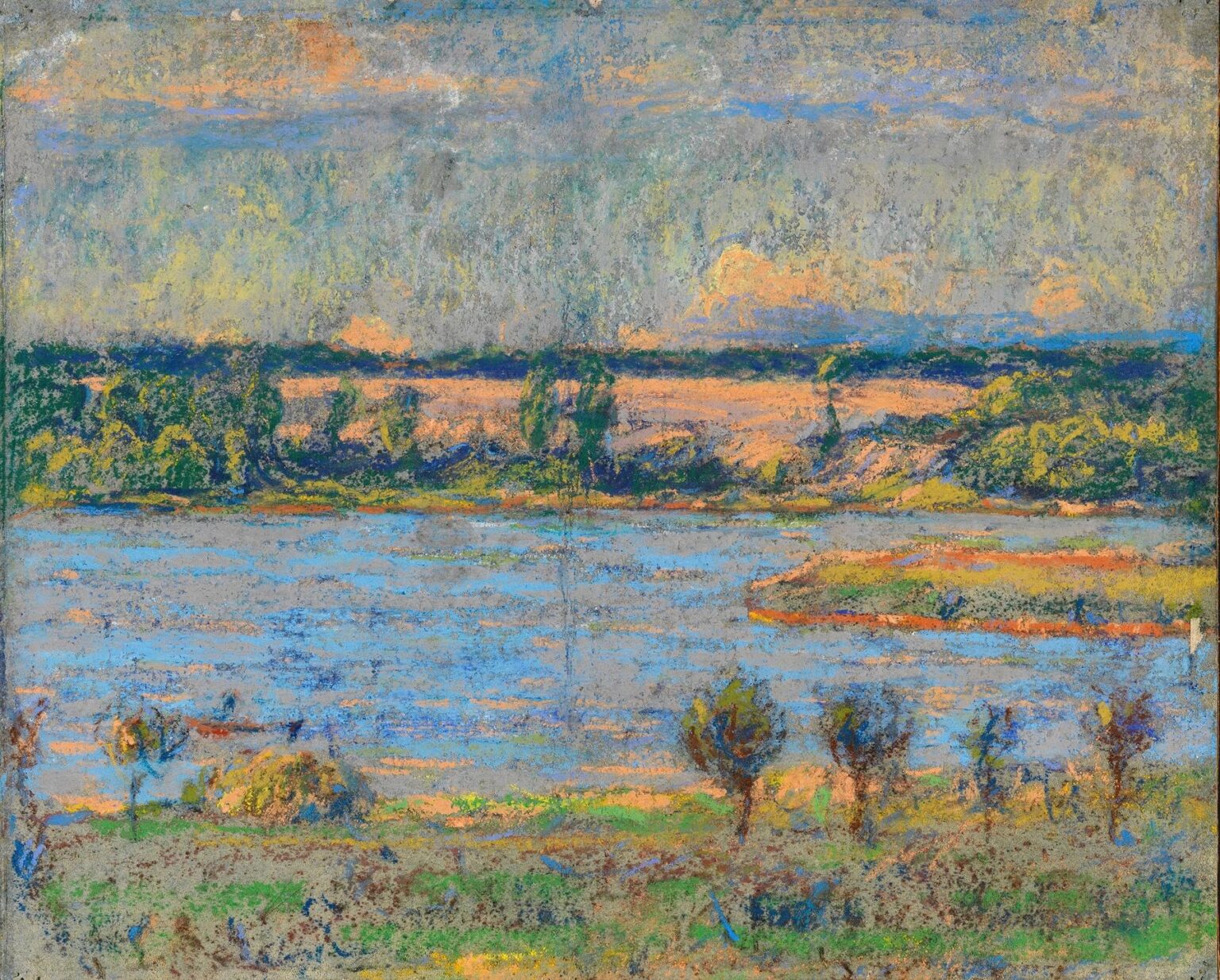 Pastel landscape depicting a tranquil pond at dusk with soft reflections of golden and blue hues, bordered by silhouetted trees and grasses under a fading evening sky.