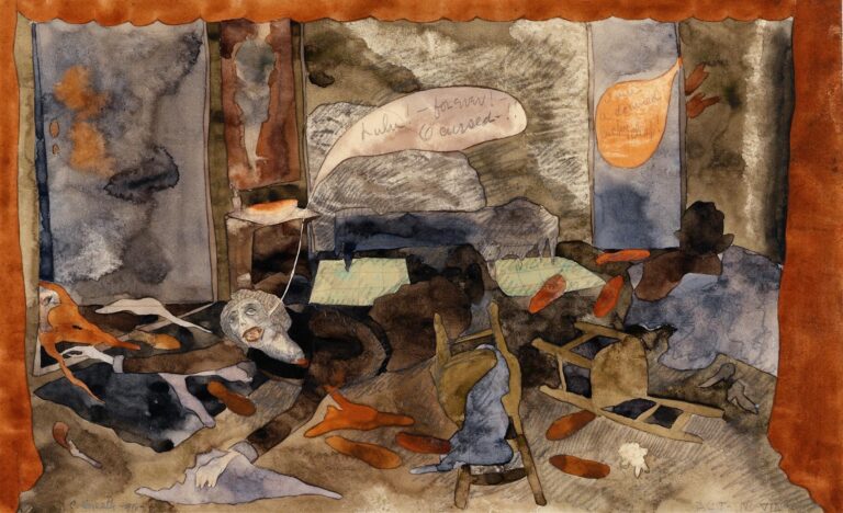 watercolor and pencil depiction of a theatrical stage scene with a fallen woman, overturned chairs, scattered props, and dramatic curtains in muted browns and grays.