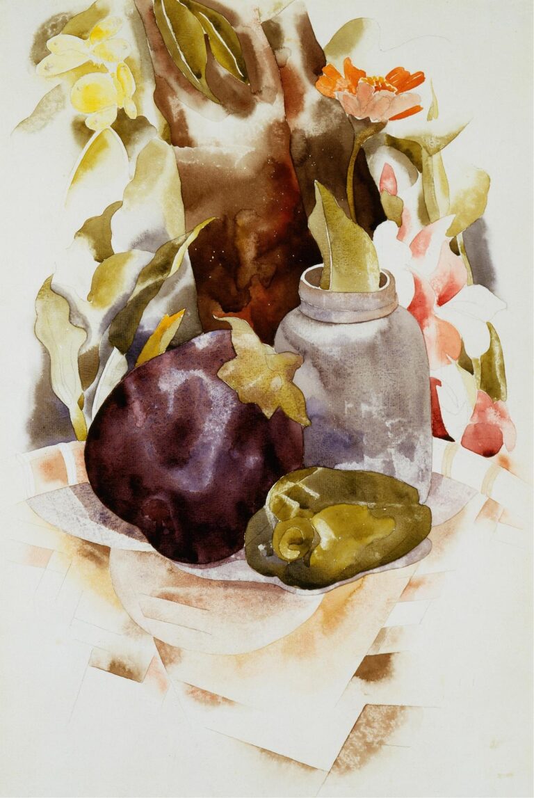 Watercolor still life of a deep purple eggplant and a green pepper on a plate beside a gray jar, set against angular background washes in ochre and soft gray.
