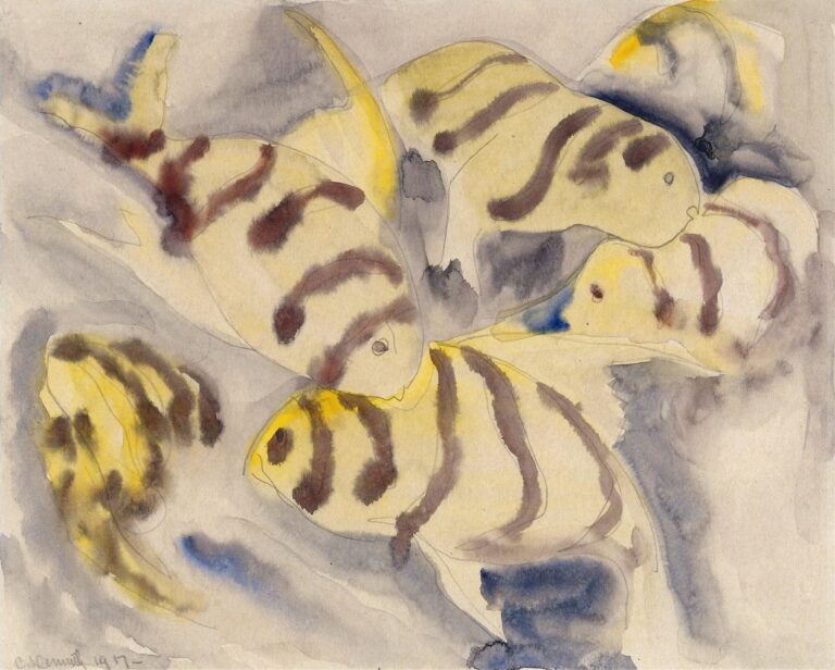 Watercolor and pencil rendering of five striped fish in shades of yellow and brown swimming in a gray‑violet wash, with overlapping forms and gestural pencil lines suggesting motion and water.