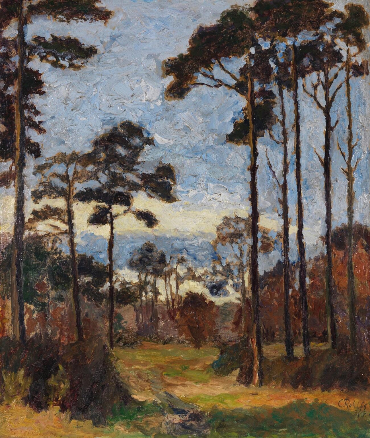 Oil painting depicting tall pine trees on a grassy hillside at Ettersberg, with rich earth tones in the foreground and a pale blue sky visible between branches, rendered in textured impasto.