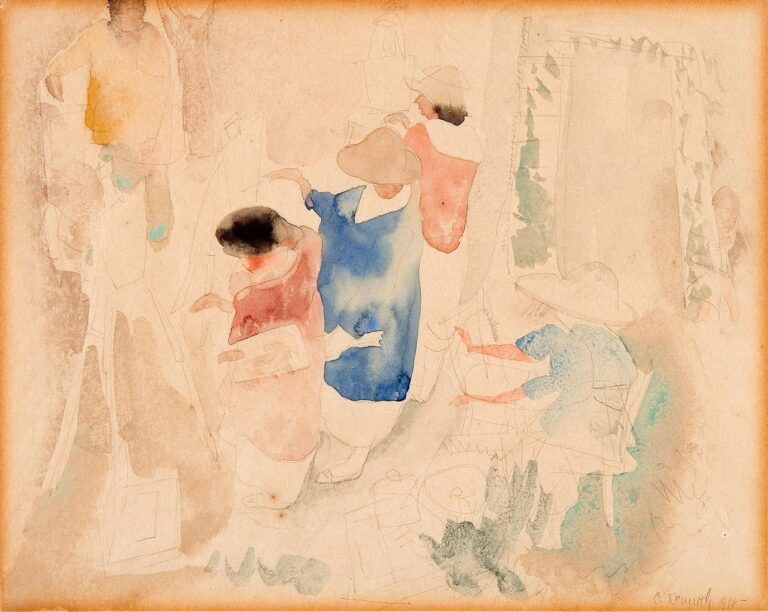 A watercolor scene showing several loosely sketched artists working outdoors, with soft washes of red, blue, and beige suggesting figures in hats and robes amid easels and sketchpads in Charles Demuth’s Artists Sketching (1916).