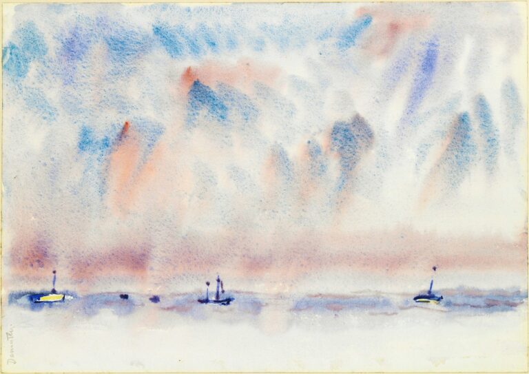 A watercolor by Charles Demuth showing a soft, cloud-filled sky in washes of blue, lavender, and pink above a faint horizon line with three small, deep‑blue boat silhouettes.