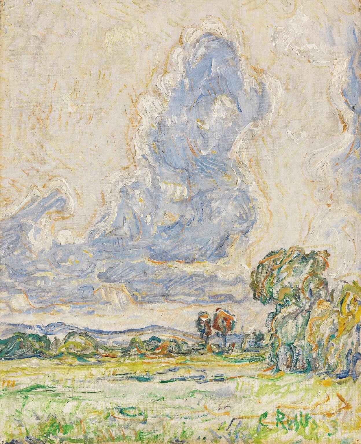 Oil painting depicting a windswept meadow with swirling blue sky, textured brushstrokes of green and yellow grass in the foreground, and a stand of trees under a luminous, cloud-filled sky.