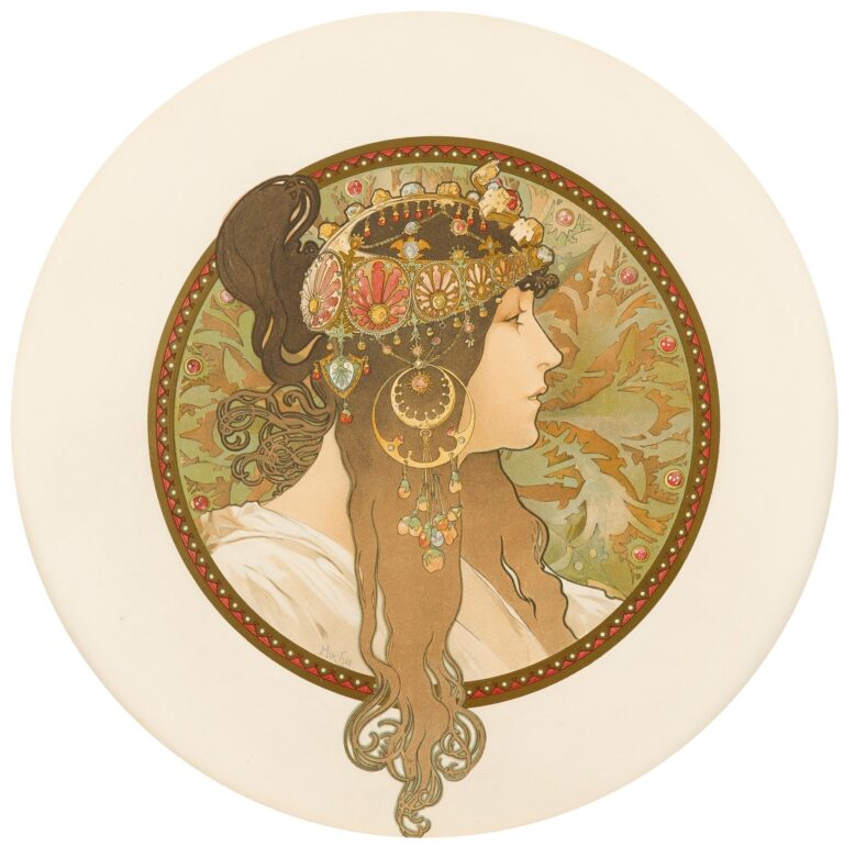 Circular Art Nouveau panel by Alphonse Mucha showing a profile of a young woman with long flowing hair and an ornate Byzantine-style jeweled crown and ear-shield, set against a radiating, tessellated mosaic background within a geometric decorative border.