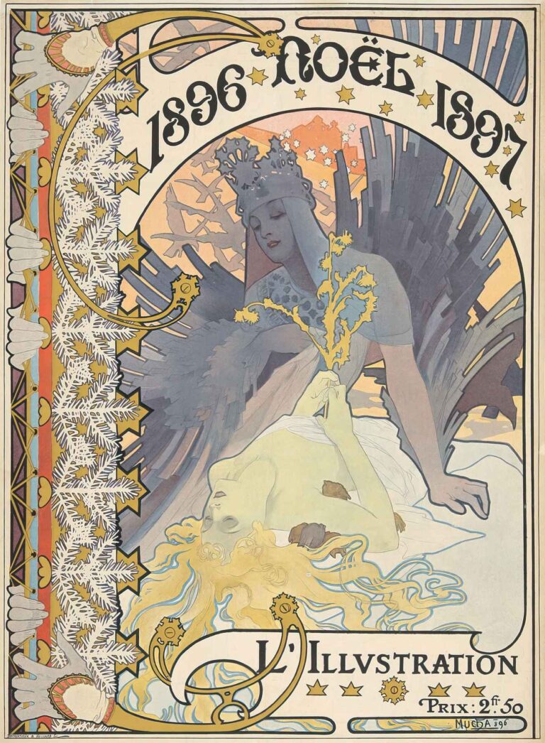 A richly detailed poster showing a pale, reclining maiden with flowing golden hair holding a sprig of winter foliage, watched over by a guardian angel figure above; framed by stylized fir branches, stars, and gilded scrolls, with “1896 Noël 1897” arching overhead and “L’Illustration” below in bold letters.