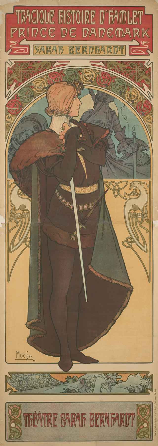 Art Nouveau poster showing Sarah Bernhardt in a long cloak and doublet, holding a sword, framed by a floral and knot-work arch, with stylized lettering announcing “Tragique Histoire d’Hamlet, Prince de Danemark” for the Théâtre Sarah Bernhardt.