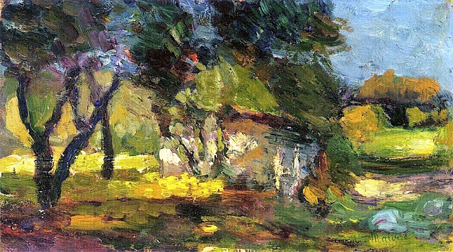 Sunlit Corsican landscape with a small stone hut beneath dense trees; bright yellow field, deep green foliage, and patches of blue sky; thick, visible brushstrokes define forms and shadows, with a curving path at right leading into the distance.