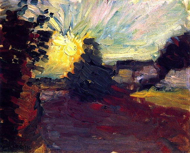 Small landscape of a blazing yellow sun low in the sky with radiating blue-green strokes; dark tree silhouettes at center-left; red-violet ground and a strip of yellow field to the right; paint laid on thickly with vigorous, visible brushwork.