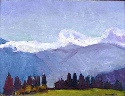 Alpine landscape with a narrow green meadow, a dark line of fir trees, broad blue-violet mountains, and a thick white cloud curling along the ridge beneath a pale blue sky, painted in smooth sweeps and rhythmic strokes.