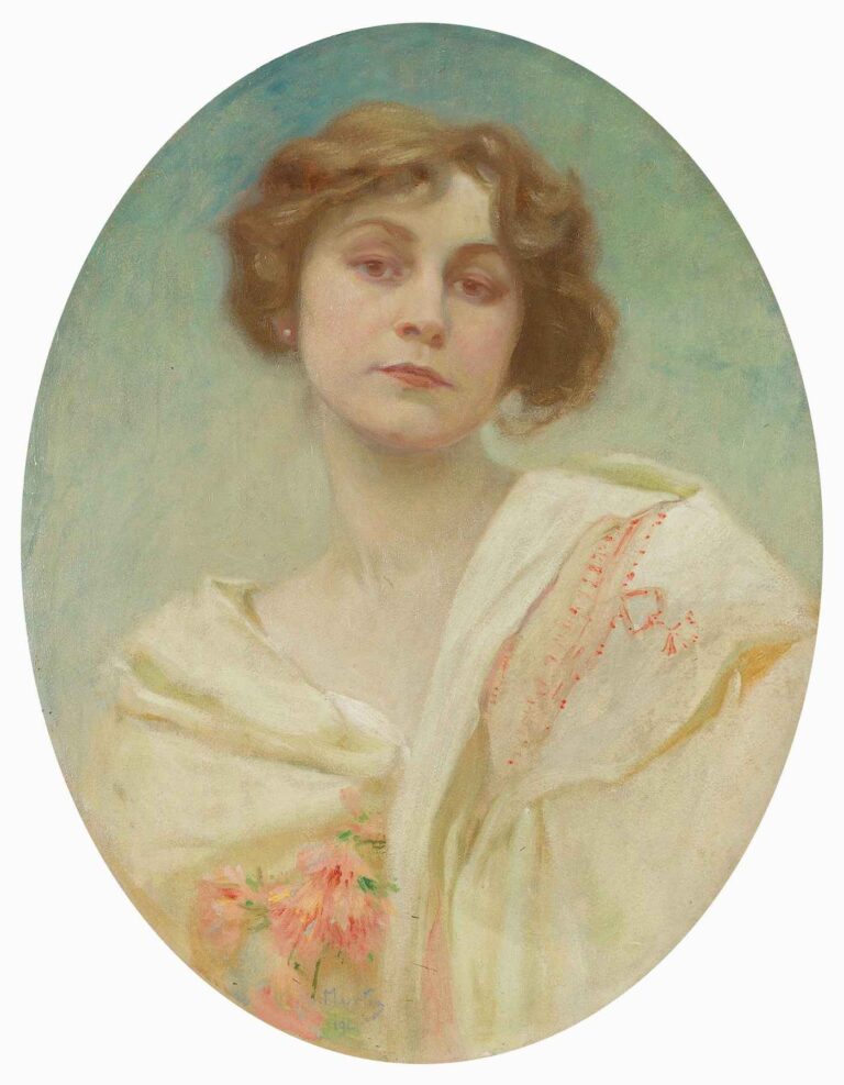 Oval pastel and oil portrait of a young woman shown from the chest up against a softly blended green-blue background, wearing a cream-colored embroidered shawl adorned with coral tassels and pink flowers, her short brown hair softly curled, gazing pensively downward.