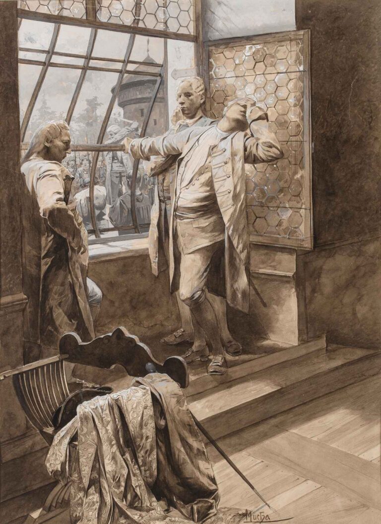 Watercolor and gouache scene showing Lieutenant Katte, pale and supported by two officers, standing before a leaded glass window overlooking a courtyard of soldiers; an empty chair draped in ornate fabric and a fallen sword lie in the foreground.