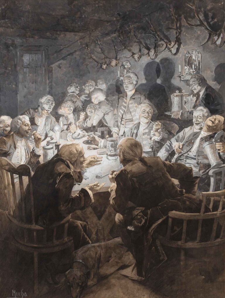 Watercolor scene of King William I and his officers seated around a candlelit table in a timbered chamber adorned with mounted antlers; figures puff pipes, raise tankards, and engage in animated conversation.