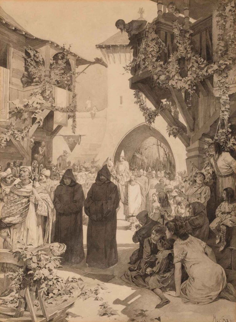 Watercolor and gouache scene depicting Emperor Lothair and Pope Innocent’s procession through a fortified gateway flanked by ivy-covered half-timbered balconies, with hooded monks in the foreground and townspeople watching eagerly.