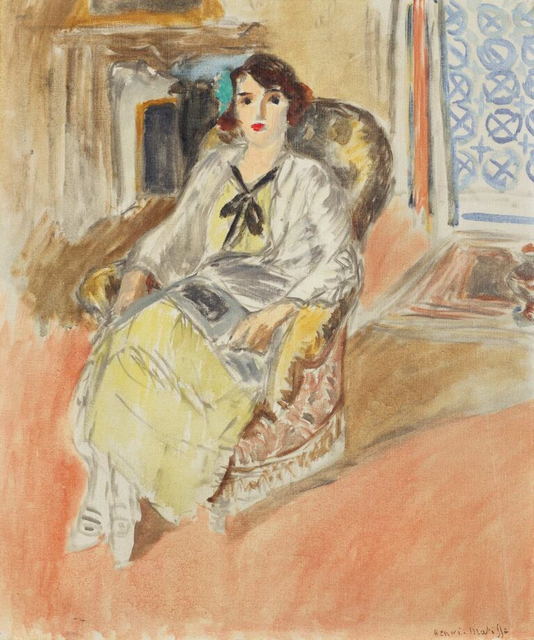 Interior portrait by Matisse showing a young woman with bobbed hair seated in a patterned armchair, wearing a lemon-yellow dress with a black bow and a light wrap, a small book on her lap; warm coral floor, fireplace at left, and a blue-patterned window at right painted with loose, airy brushwork.