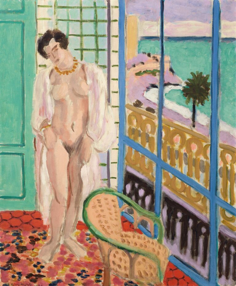 Interior seaside scene by Matisse with a nude woman wearing a gold necklace standing beside an open blue-framed window; red patterned tile floor, mint-green door and gridded wall, cane chair with green rim in the foreground, golden balcony rail, and a view of turquoise sea, pink promenade, and a palm tree under a lavender sky.