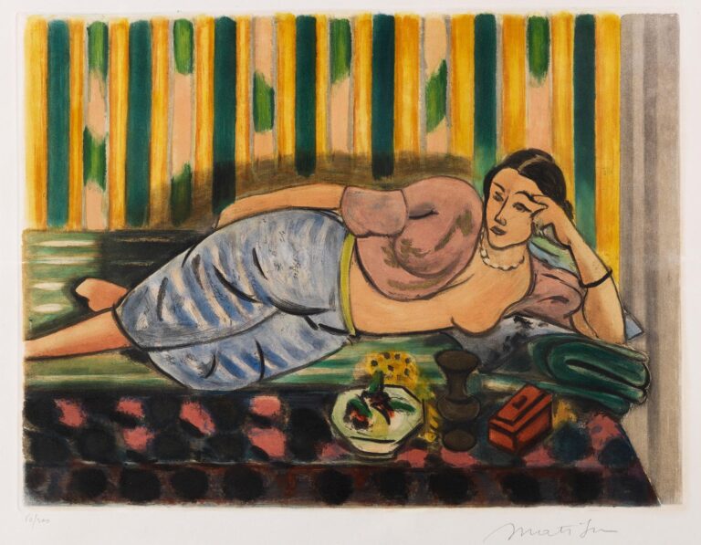 Reclining odalisque by Henri Matisse in a striped interior: a woman in mauve blouse and blue-gray skirt lounges on patterned textiles; behind her a wall of vertical green, mustard, and cream stripes; at right a tabletop holds a bright red box, folded green fabric, candlesticks, and a dish, all outlined with bold black contours.