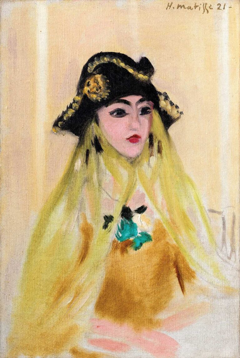 Small portrait by Henri Matisse of a woman in a black, gold-trimmed hat with long blond hair; masklike face with red lips and dark arched brows; warm ochre garment with a turquoise bow at the chest; soft cream background with faint vertical bands painted in swift, expressive strokes.