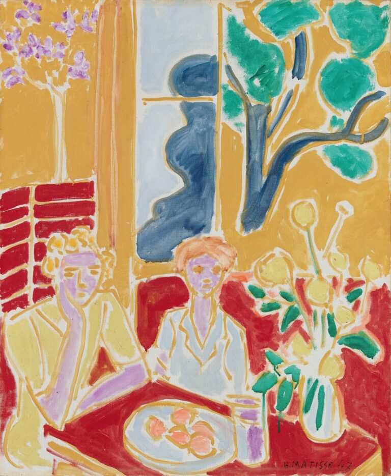 Late Matisse interior with two children seated at a red table; a plate of peaches and a purple glass sit before them, a tall vase of round yellow flowers at right; ochre wall with a blue-paned window and a stylized green-leafed tree; simplified forms outlined by thin white gaps, with figures painted in pale lilac and lemon tones.