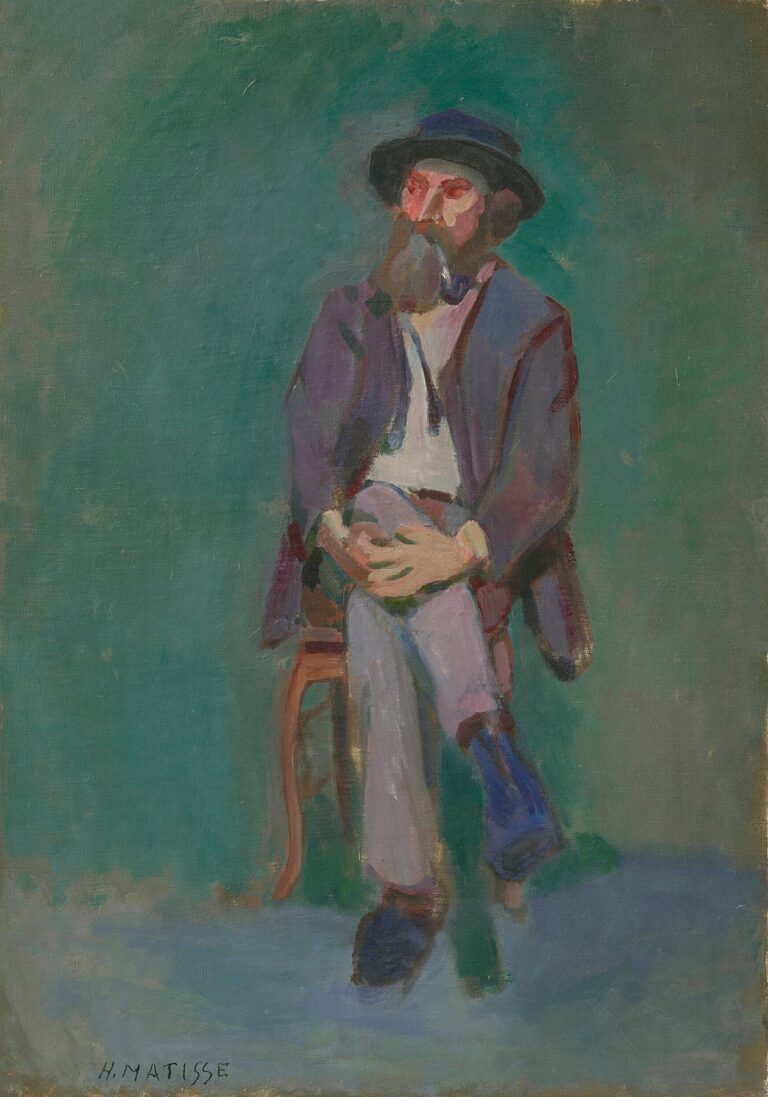 Early Matisse portrait of a bearded man wearing a hat, seated on a small wooden stool against a green atmospheric background; hands clasped in his lap, legs crossed, jacket in violets and browns, trousers bluish-gray, shoes dark; painted with broad, visible strokes and restrained color.