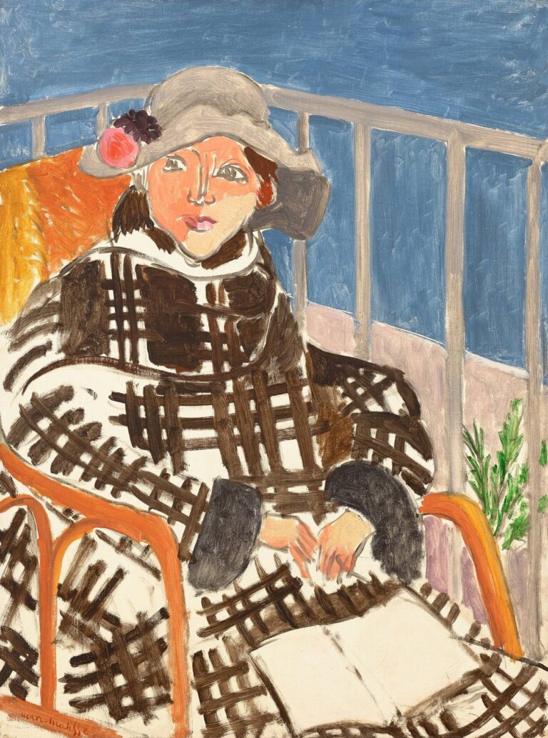 Portrait of a woman seated on a balcony, wearing a broad-brimmed gray hat with a pink flower and a black-and-white plaid (“Scottish”) coat; orange cane chair arms frame her; hands rest near an open book; pale railings and a flat blue sea form the background; painted with bold plaid brushstrokes and simplified forms.