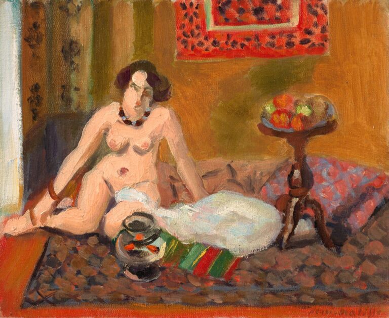 Matisse interior with a seated nude on patterned carpets beside a round goldfish bowl and a dark ceramic jar, a pedestal table holding fruit at right, and a red patterned hanging on an ochre wall; broad brushstrokes, warm ochres and reds with violet-blue and green accents.
