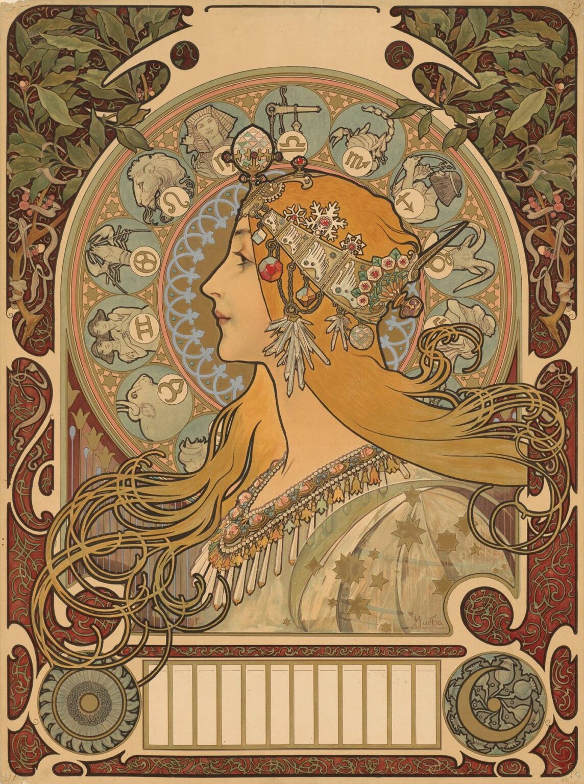 Art Nouveau poster by Alphonse Mucha showing a woman in profile with flowing golden hair and an ornate jeweled headdress set before a circular zodiac wheel; ivy borders, celestial medallions, and a blank calendar panel occupy the frame.