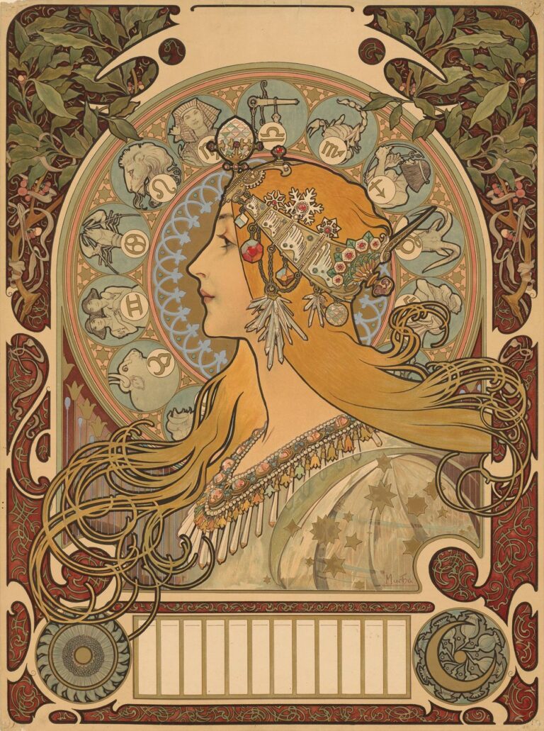Art Nouveau poster by Alphonse Mucha showing a woman in profile with flowing golden hair and an ornate jeweled headdress set before a circular zodiac wheel; ivy borders, celestial medallions, and a blank calendar panel occupy the frame.