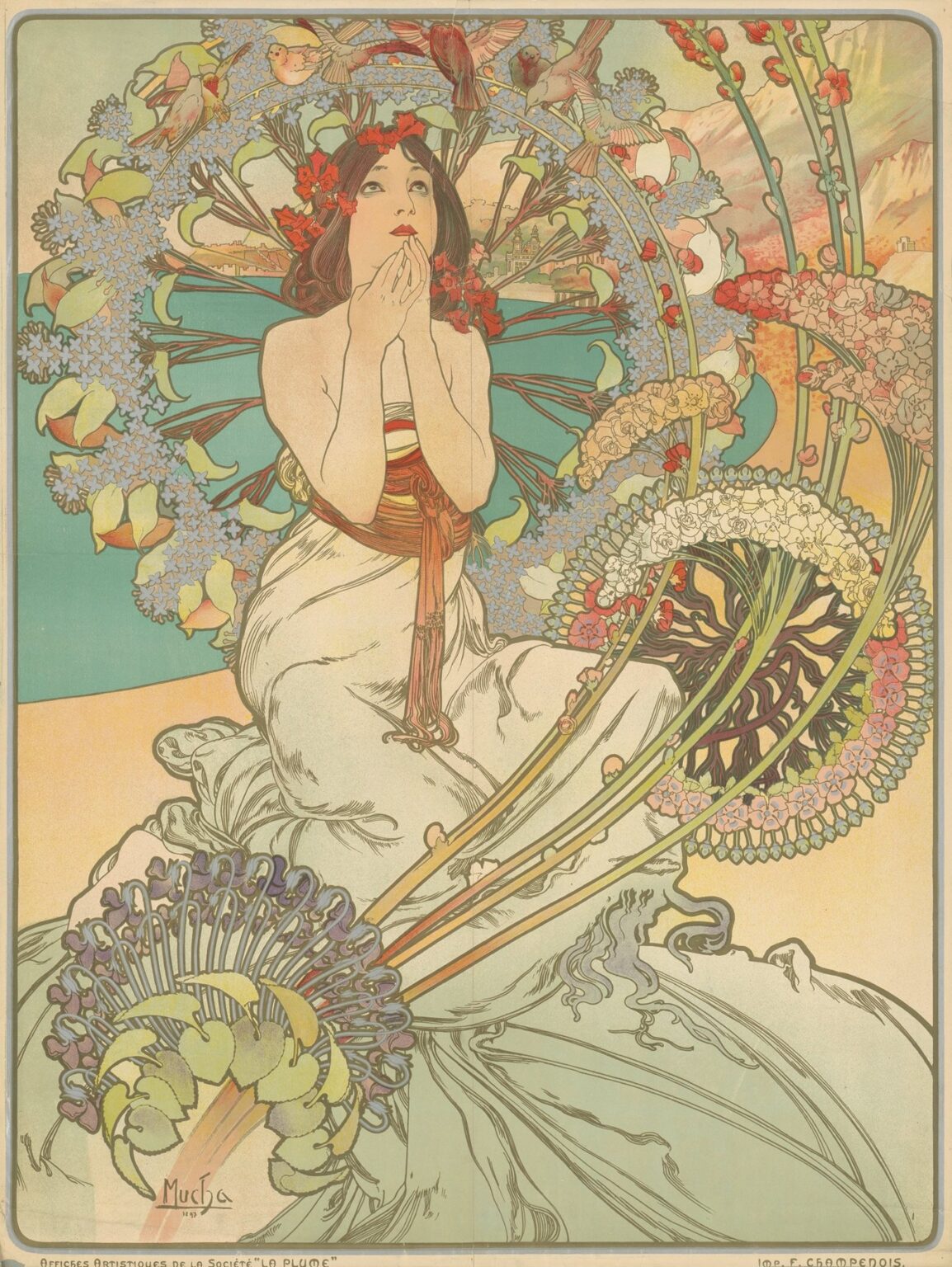 Art Nouveau poster by Alphonse Mucha of a kneeling woman with hands raised near her lips, crowned with red blossoms and encircled by a floral wreath filled with birds; sinuous stems curve around her as the turquoise sea and ochre cliffs of the Riviera appear in the background; caption reads “Monaco Monte-Carlo.”