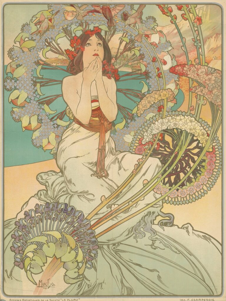 Art Nouveau poster by Alphonse Mucha of a kneeling woman with hands raised near her lips, crowned with red blossoms and encircled by a floral wreath filled with birds; sinuous stems curve around her as the turquoise sea and ochre cliffs of the Riviera appear in the background; caption reads “Monaco Monte-Carlo.”