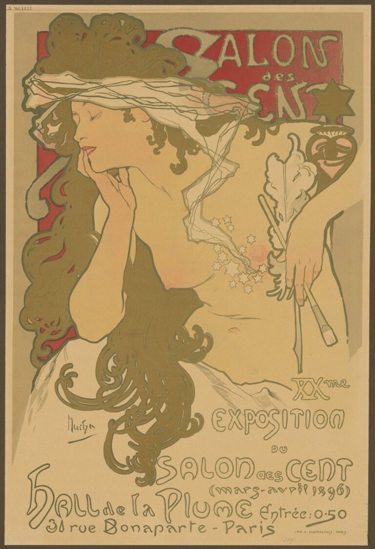 Art Nouveau poster showing a dreamy woman with cascading hair and a translucent veil, eyes closed and hand to cheek; tiny stars drift from her chest toward a brush she holds, while sinuous lettering announces the “Salon des Cent, XXme Exposition” in Paris.