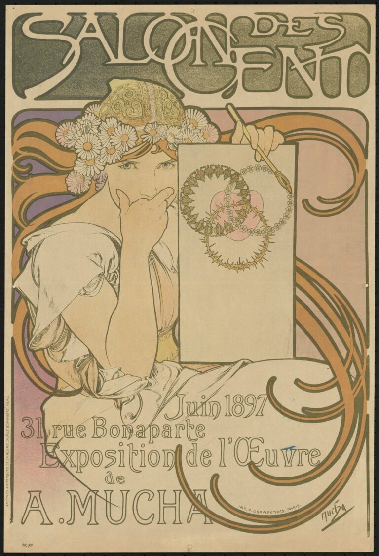 Art Nouveau poster by Alphonse Mucha showing a woman crowned with daisies and a small cap, one hand touching her lips while the other holds a painter’s board displaying three interlocking floral garlands; flowing orange hair and curved lettering announce “Salon des Cent… Exposition de l’Œuvre de A. Mucha, Juin 1897, 31 rue Bonaparte.”