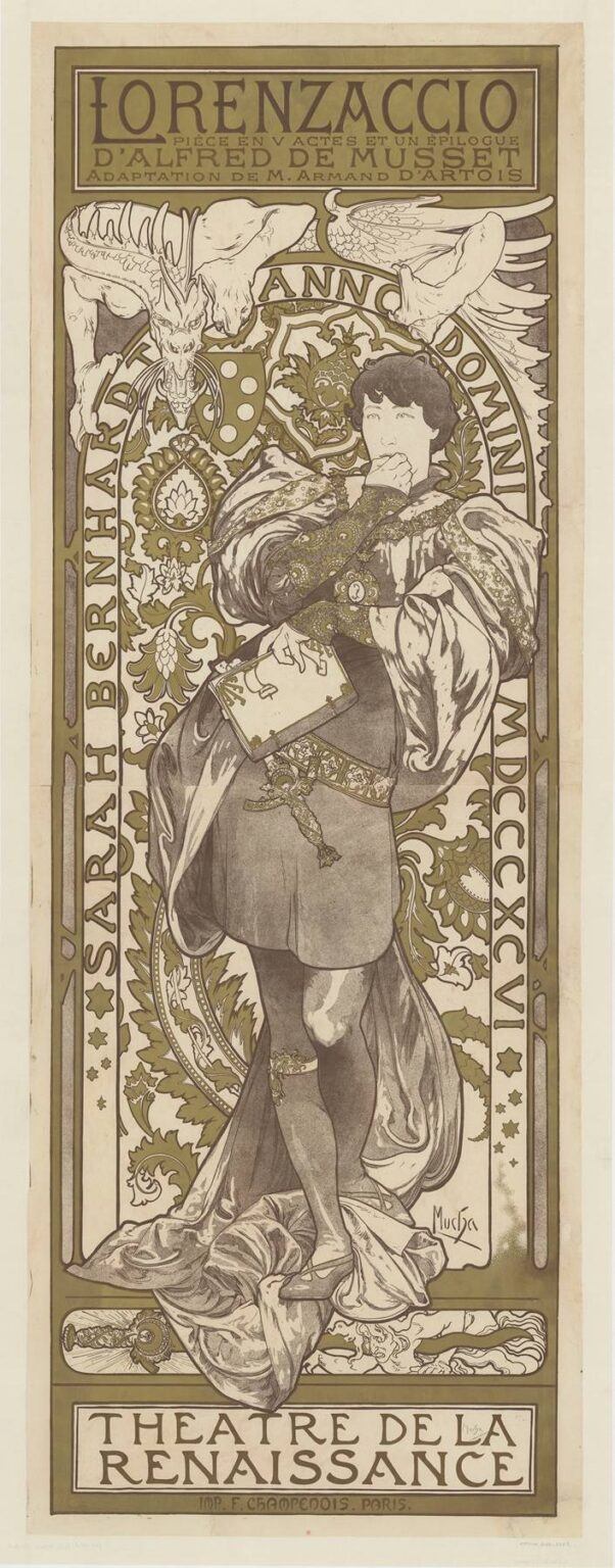 Tall Art Nouveau poster by Alphonse Mucha showing Sarah Bernhardt as Lorenzaccio in Renaissance dress, one hand to his mouth and a book under the arm, framed by a circular medallion inscribed “ANNO DOMINI,” flanked by mythic beasts and dense foliate ornament, with large title and “Théâtre de la Renaissance” at top and bottom.