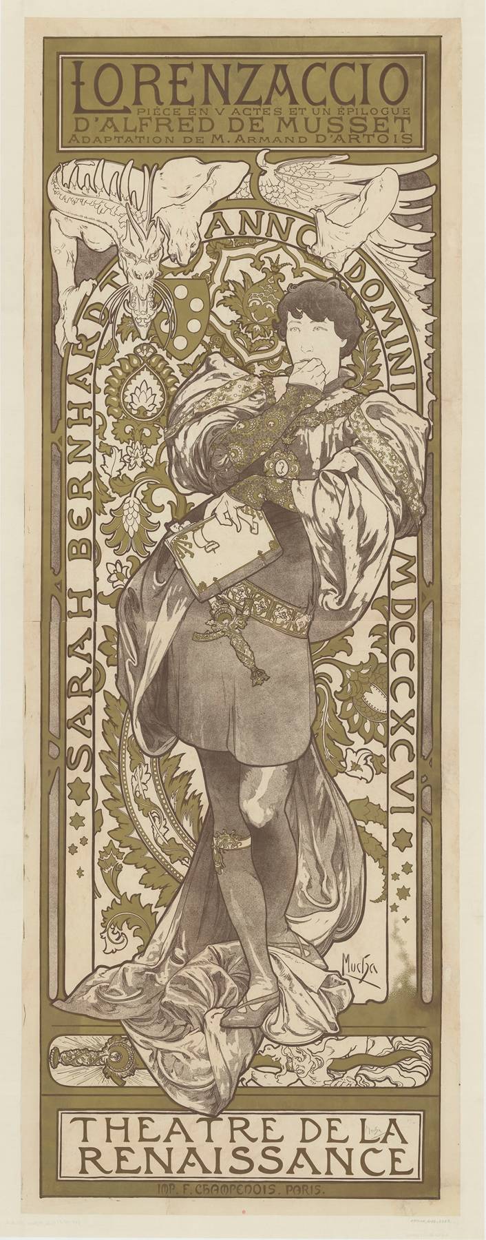 Tall Art Nouveau poster by Alphonse Mucha showing Sarah Bernhardt as Lorenzaccio in Renaissance dress, one hand to his mouth and a book under the arm, framed by a circular medallion inscribed “ANNO DOMINI,” flanked by mythic beasts and dense foliate ornament, with large title and “Théâtre de la Renaissance” at top and bottom.