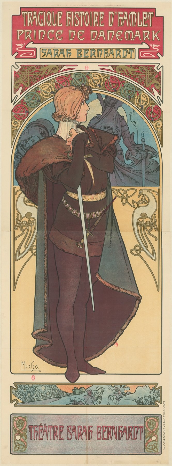 Tall Art Nouveau poster by Alphonse Mucha showing Sarah Bernhardt as Hamlet standing in profile with a long sword, fur-trimmed cloak, and belted tunic beneath an ornate arch; the ghost of King Hamlet appears in blue behind, and a lower panel depicts Ophelia floating among flowers; red title panels and “Théâtre Sarah Bernhardt” frame the image.