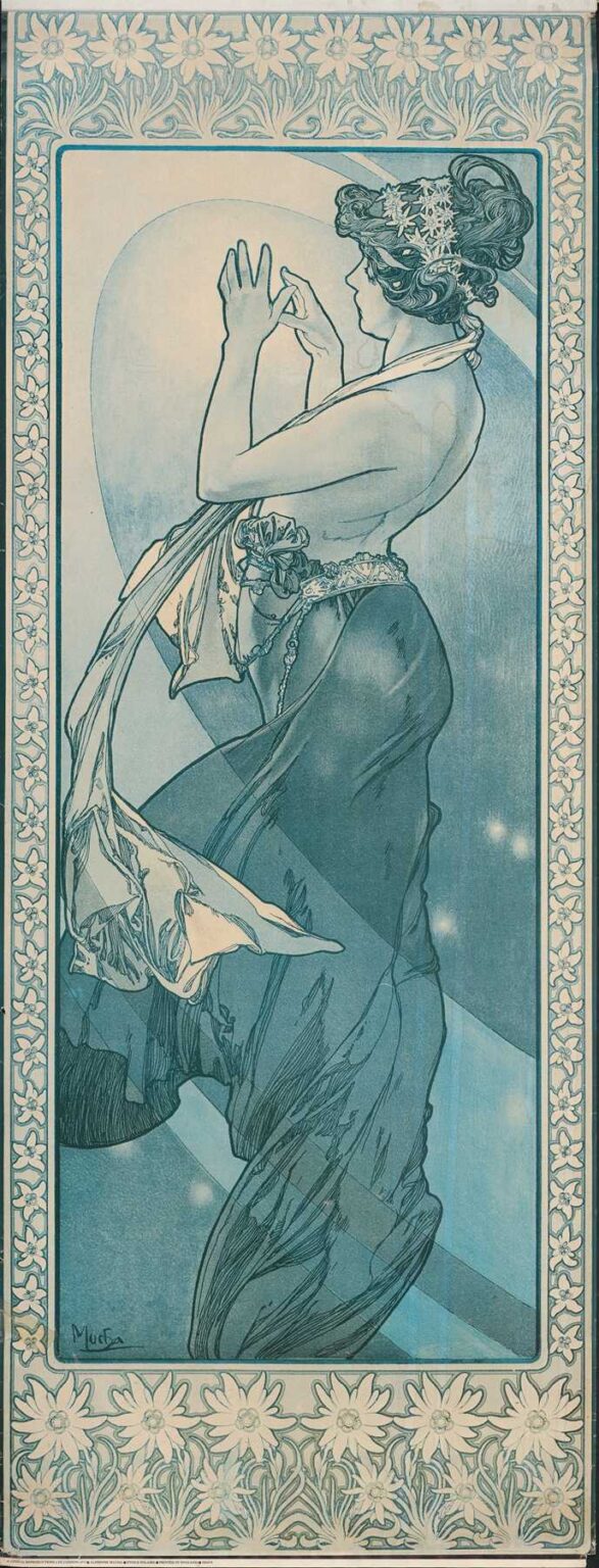 Tall Art Nouveau panel by Alphonse Mucha showing a woman in profile with raised hands, crowned with white flowers and wrapped in flowing blue drapery, set against soft ovals and diagonal bands within a border of stylized blossoms.