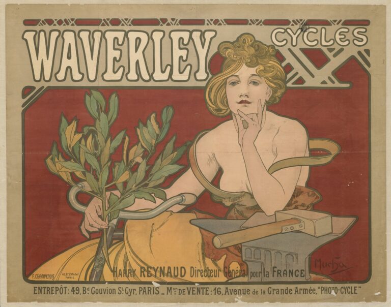 Art Nouveau advertising poster by Alphonse Mucha showing a blonde woman leaning on an anvil with a ribbon swirling around her; she holds a laurel branch that wraps around silver bicycle handlebars. Large white “WAVERLEY” lettering spans the top with “CYCLES” at right, all on a deep red background with addresses along the bottom.