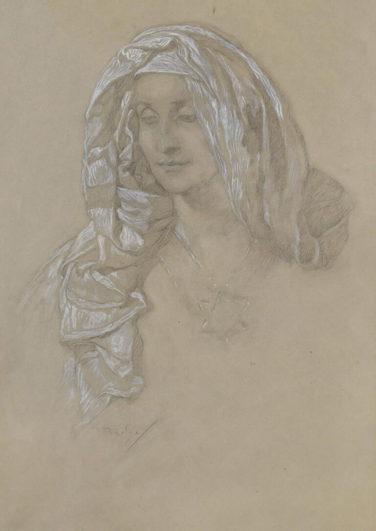 Graphite and white-heightened drawing by Alphonse Mucha of a woman in three-quarter view wearing a shimmering headscarf; her eyes are lowered, one hand rests near her chin, and a small six-pointed star pendant hangs at her neck against a plain toned background.