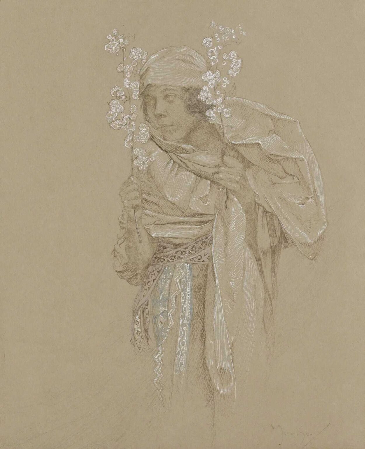Toned-paper drawing by Alphonse Mucha of a woman in a headscarf holding two white flowering sprigs close to her face; she is wrapped in a long veil with bright white highlights, and a patterned sash with pale blue accents hangs from her waist against an otherwise empty background.